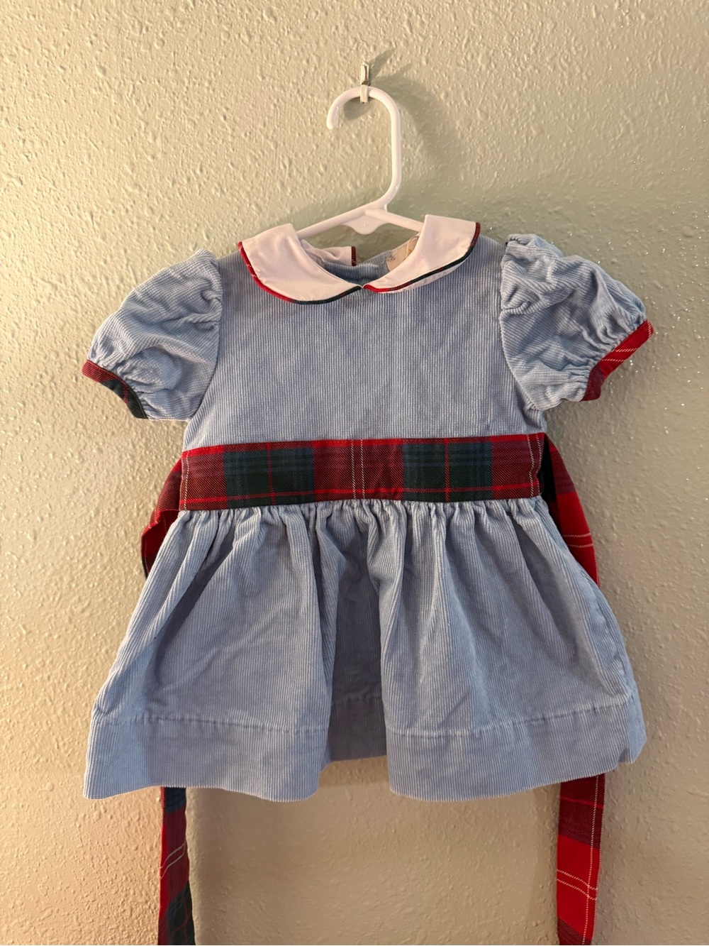 The Beaufort Bonnet Company Light Blue Corduroy Dress with Red Tartan Sash